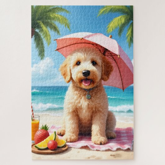 Puzzle Scène de plage avec Goldendoodle détendu (Vertical)