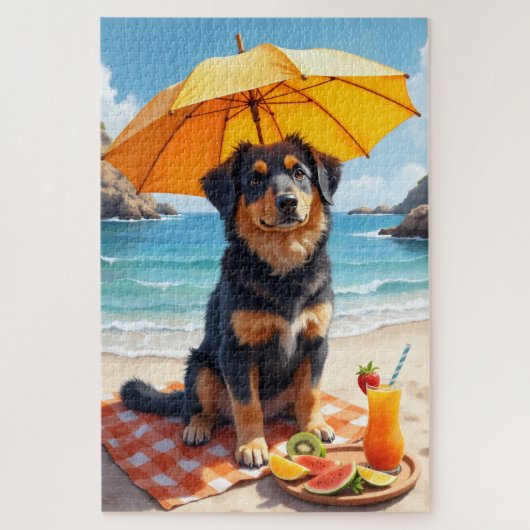 Puzzle Scène de plage avec Lundehund norvégien (Vertical)