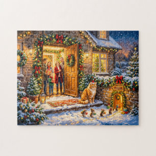 Puzzle Scène de porte de Noël avec chat et souris
