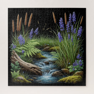 Puzzle Scène de ruisseau forestier tranquille avec lavand