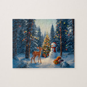 Puzzle Scène de sapin de Noël Cerf Faon Bonhomme de neige