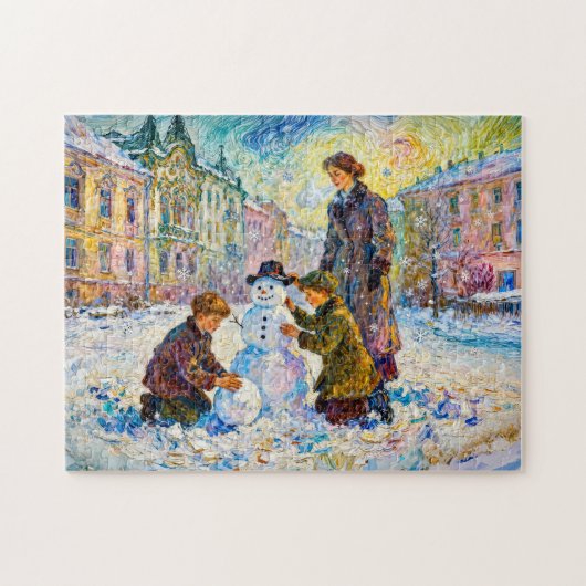 Puzzle Scène de square hivernal impressionniste avec enfa (Horizontal)