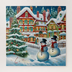 Puzzle Scène de village enneigé et festive.