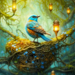 Puzzle Scène forestière enchantée avec les oiseaux et les<br><div class="desc">Illustration magique d'un oiseau bleu vif perché sur un nid parmi les mystiques lanternes brillantes et la végétation luxuriante dans une forêt enchantée,  évoquant une ambiance sereine et capricieuse. Parfait pour les familles et les amis.</div>