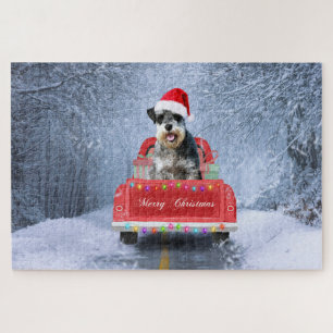 Puzzle Schnauzer Chien en neige assis sur le camion de No