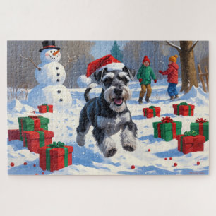 Puzzle Schnauzer coule en neige avec le Casquette de Noël