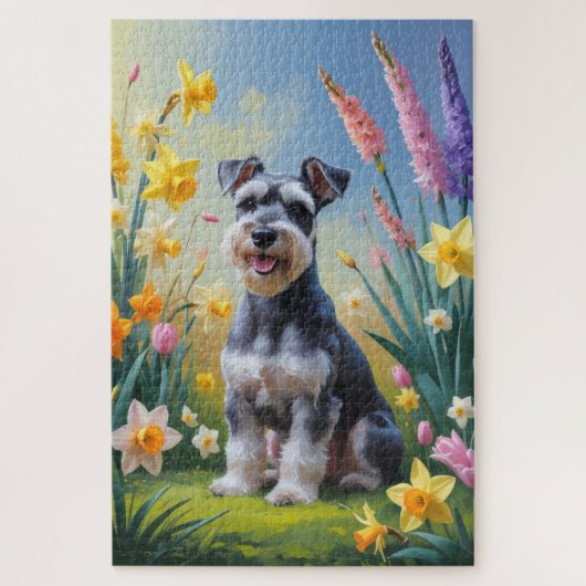 Puzzle Schnauzer Dog Fleurs de printemps Peinture (Vertical)