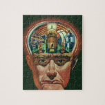 Puzzle Science-fiction vintage, Cerveau Alien en laborato<br><div class="desc">Illustration vintage photo d'aliens et de robots futuristes de Science Fiction montrant un homme avec son cerveau exposé montrant un laboratoire. Un dessin classique de bande dessinée mettant en vedette un cyborg scientifique avec sa main sur son menton avec un regard intense sur son visage et semble penser à l'avenir...</div>