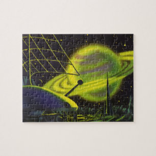 Puzzle Science-fiction vintage Neon Green Planet w Rings
