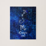 Puzzle Scorpio Zodiac Constellation Bleu Galaxie Monogram<br><div class="desc">Scorpio Zodiac Constellation Galaxie Bleue Monogramme Design Avec police de script brossé tendance, Aquarelle céleste bleu foncé texture arrière - plan, constellation d'étoiles brillantes, et le symbole Scorpion. Symbole astrologique moderne Horoscope de naissance, est parfait pour tout Scorpion Anniversaire Du 23 octobre au 21 novembre! Avec Monogrammed en option Premier...</div>