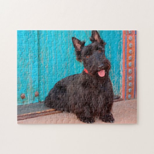Puzzle Scottish Terrier assis à la porte colorée (Horizontal)