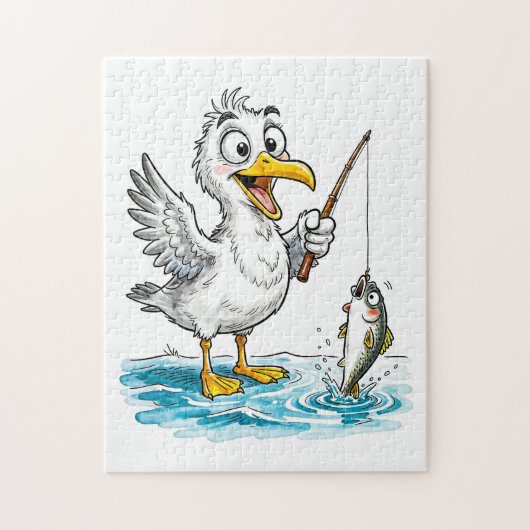 Puzzle Seagull Fishing with Rod in Shallow Water (Vertical)