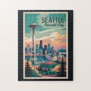 Puzzle Seattle Washington Skyline Travel Art Vintage