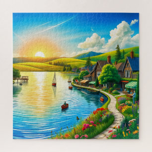 Puzzle Sérénité du coucher de soleil au village au bord d