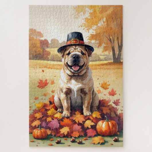 Puzzle Shar Pei À L'Automne Quitte L'Art Thanksgiving (Vertical)