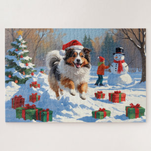 Puzzle Shetland Sheepdog Courir La Neige Avec Le Casquett