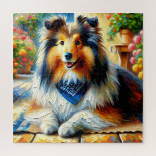 Puzzle Shetland Sheepdog dans Cottage Garden Scène