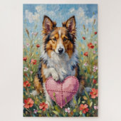 Puzzle Shetland Sheepdog Valentine's Day Heart Pillow (Vertical)