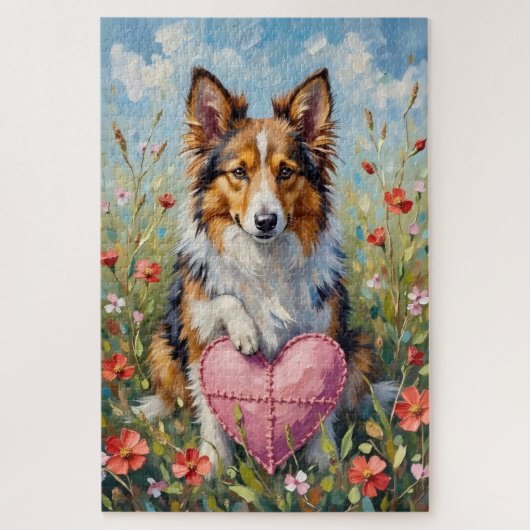 Puzzle Shetland Sheepdog Valentine's Day Heart Pillow (Vertical)