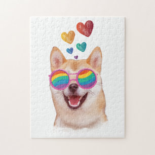 Puzzle Shiba Inu Chien avec Coeurs Saint Valentin
