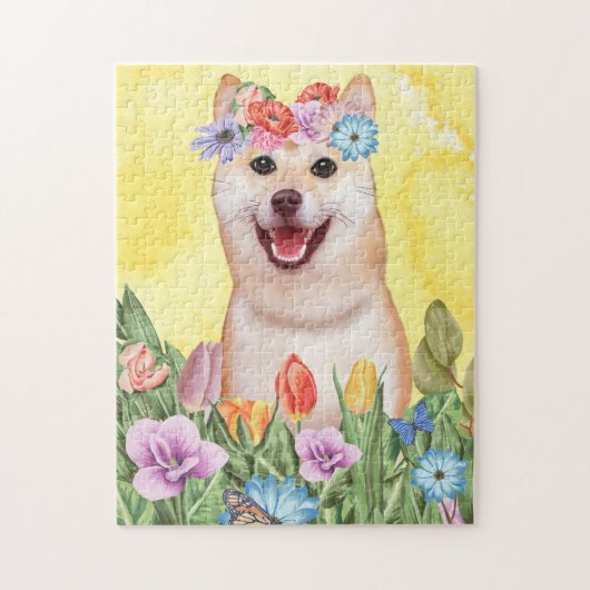 Puzzle Shiba Inu Chien avec Fleurs Printemps (Vertical)
