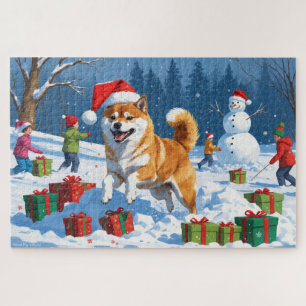 Puzzle Shiba Inu courant dans la neige avec un chapeau de