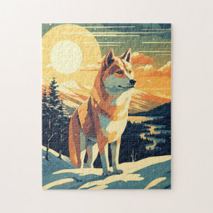 Puzzle Shiba Inu dans les montagnes enneigées au coucher 