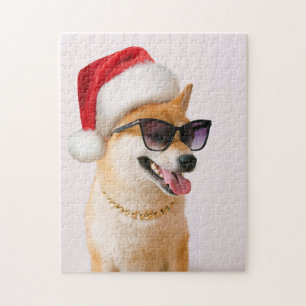 Puzzle Shiba Inu dog in Santa Claus red hats