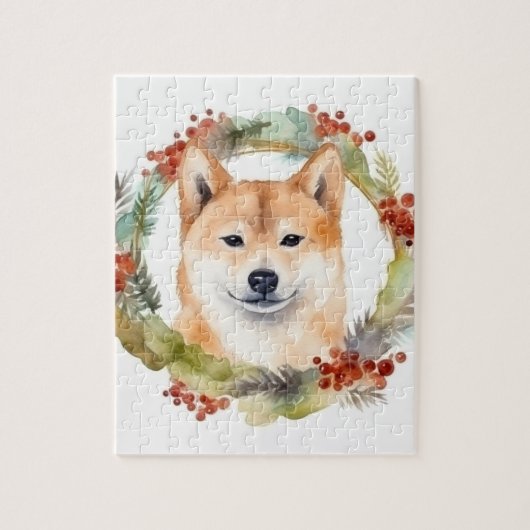 Puzzle Shiba Inu Festive de la couronne de Noël Coupe (Vertical)