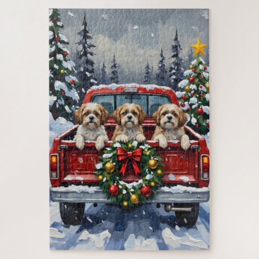 Puzzle Shih Tzu Christmas Red Truck Holiday (Vertical)