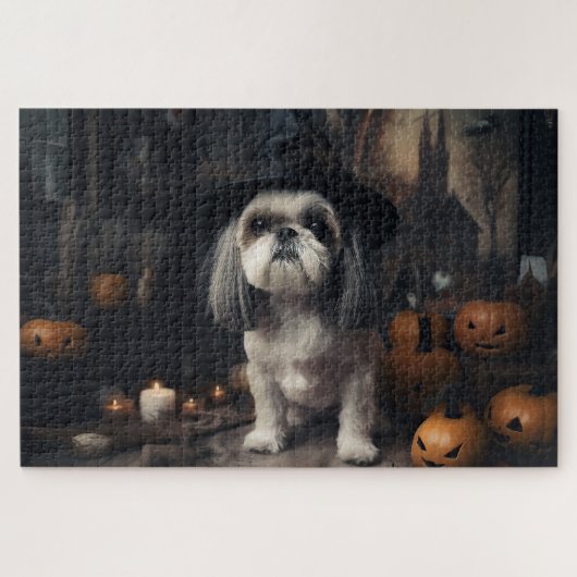 Puzzle Shih Tzu Citrouilles Halloween effrayant (Horizontal)