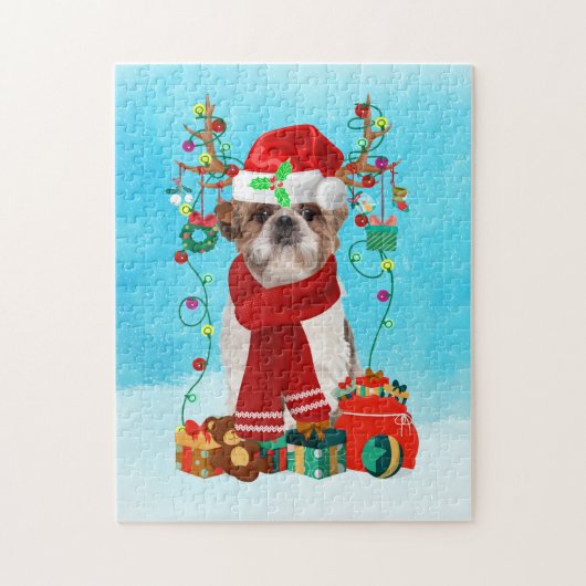 Puzzle Shih Tzu dans la neige avec cadeaux de Noël (Vertical)