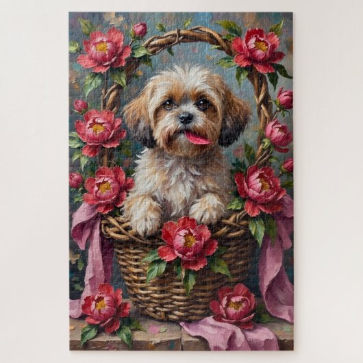 Puzzle Shih Tzu Dog Valentine's Day Peony Flower Basket (Vertical)