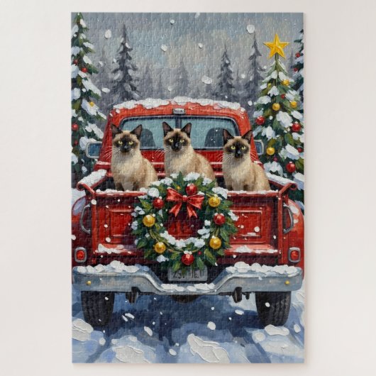 Puzzle Siamese Cat Christmas Red Truck Holiday (Vertical)