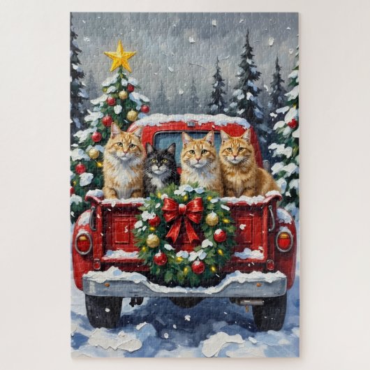 Puzzle Siberian Cat Christmas Red Truck Holiday (Vertical)