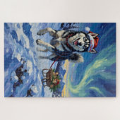 Puzzle Siberian Husky Arctic Sled Run Christmas Hat (Horizontal)