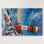 Puzzle Siberian Husky Christmas Lighthouse Holiday (Horizontal)