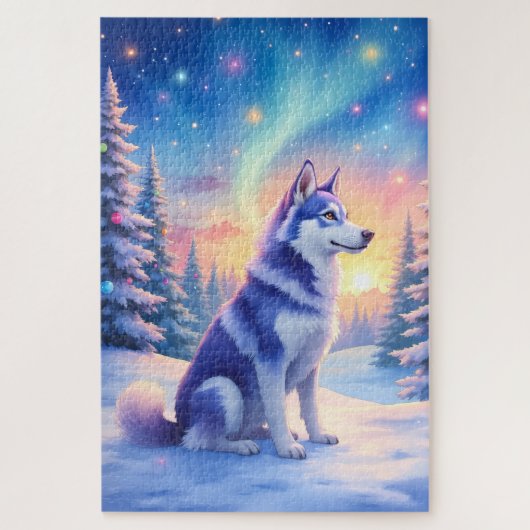 Puzzle Siberian Husky Northern Lights Christmas Winter (Vertical)
