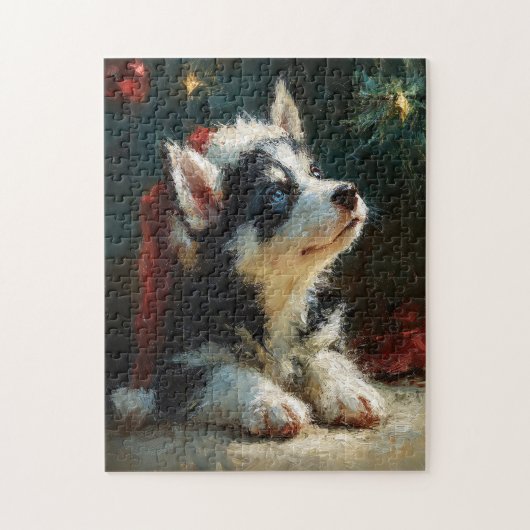 Puzzle Siberian Husky Puppy Christmas Painting (Vertical)