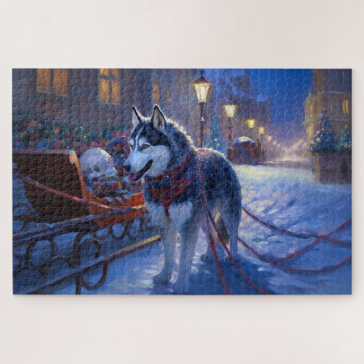 Puzzle Siberian Husky Saison de Fêtes de Noël (Horizontal)