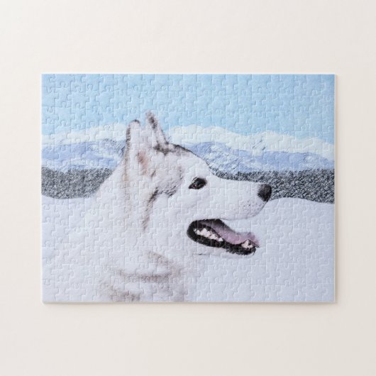 Puzzle Sibérie Husky (argent et blanc) Peinture Chien Art (Horizontal)
