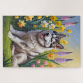 Puzzle Sibérie Husky Chien Fleurs de printemps Peinture (Horizontal)