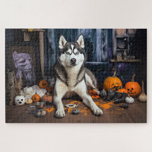 Puzzle Sibérie Husky Citrouille Halloween effrayant (Horizontal)