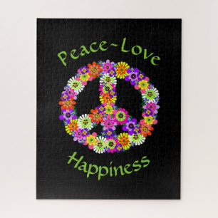 Puzzle Signe de paix Amour & Bonheur sur fond noir