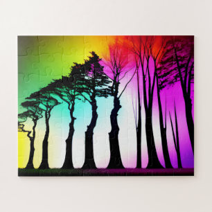 Puzzle Silhouette Arbres Ciel Vibrant Arc-en-ciel sur