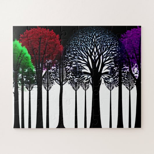 Puzzle Silhouette Arbres Noirs avec Rouge Vert et Violet (Horizontal)