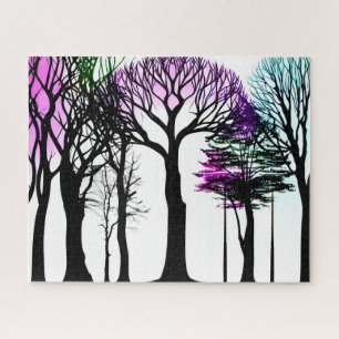 Puzzle Silhouette Arbres noirs avec violet vert et bleu