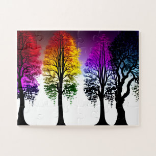 Puzzle Silhouette Arbres violet rouge et jaune pour enfan