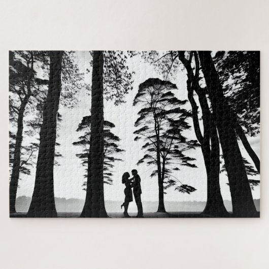 Puzzle Silhouette Couple Embrasser dans la Forêt Blanche  (Horizontal)
