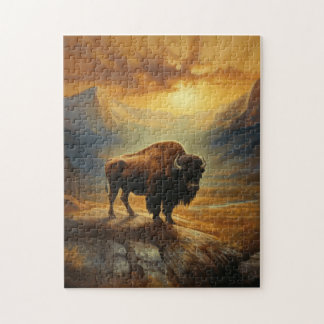 Puzzle Silhouette du coucher de soleil de bison de buffle